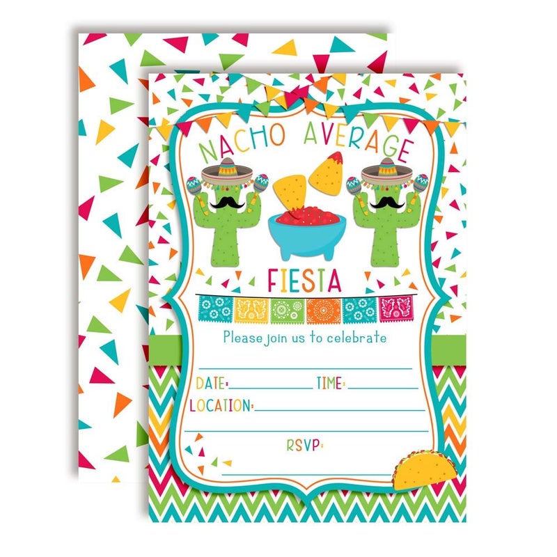 Amanda Creation Nacho Average Party Chips, Dip & Taco Themed Fiesta Birthday Party Invitations, 20 5x7 Fill In Cards with Twenty White Envelopes by AmandaCreation - Image 1